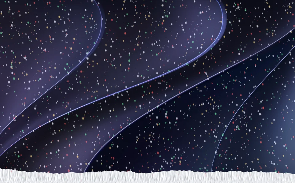 The Christmas effect: red, green, gold and white flakes over a white drift