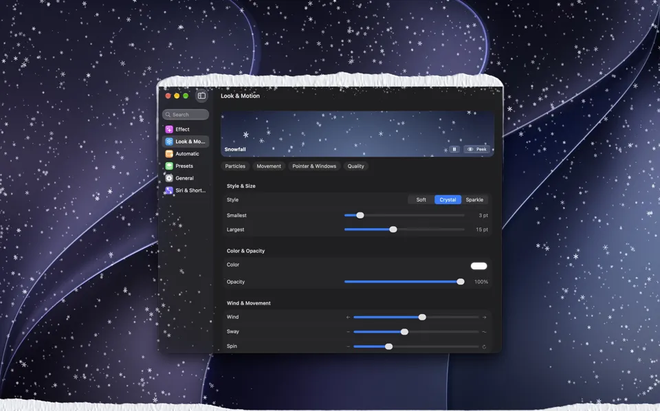 The Look and Motion settings with a live preview
