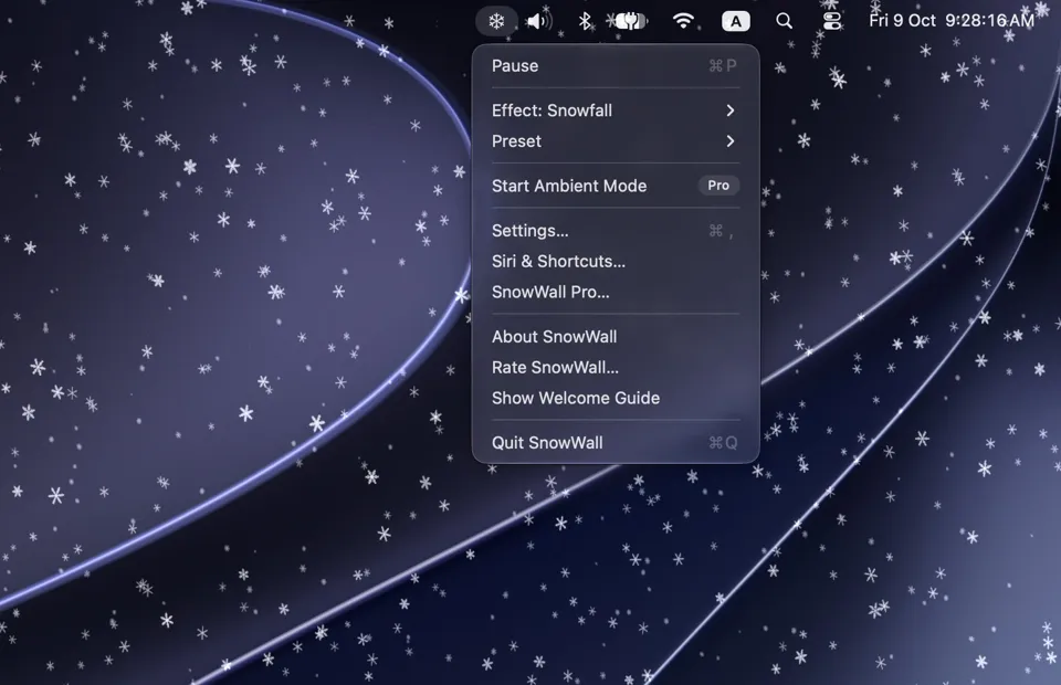 The SnowWall menu open from the snowflake in the menu bar